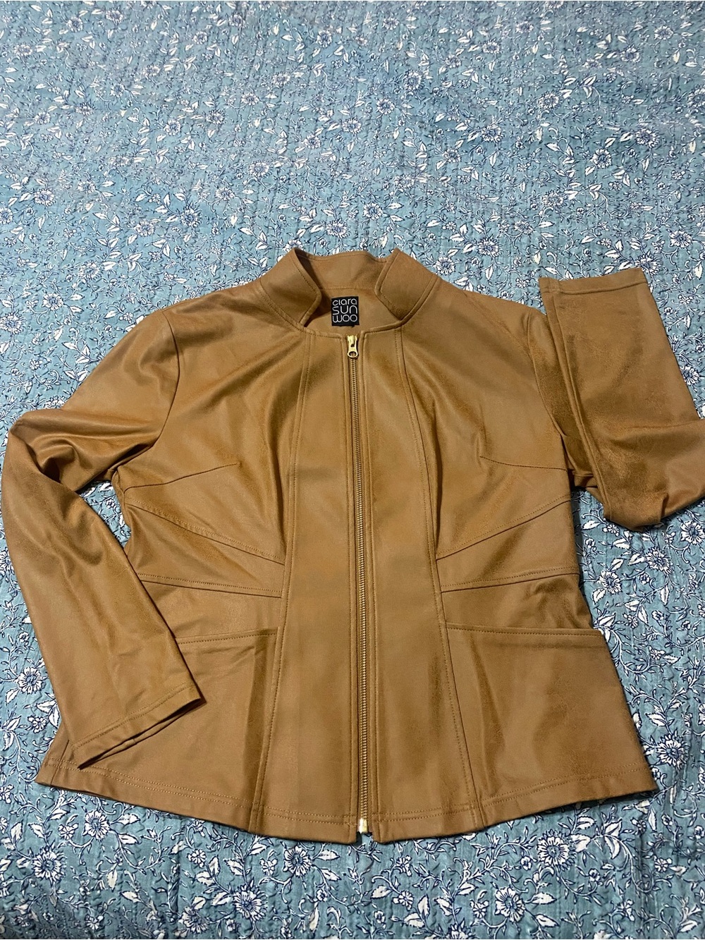 Clara Sun Woo Women's Camel Brown Liquid Leather Zip-Front Jacket